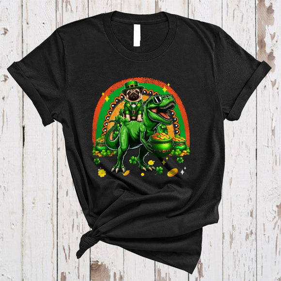 MacnyStore - Cute Pug Riding T-Rex Rainbow, Amazing St. Patrick's Day Rainbow, Lucky Irish Shamrock T-Shirt