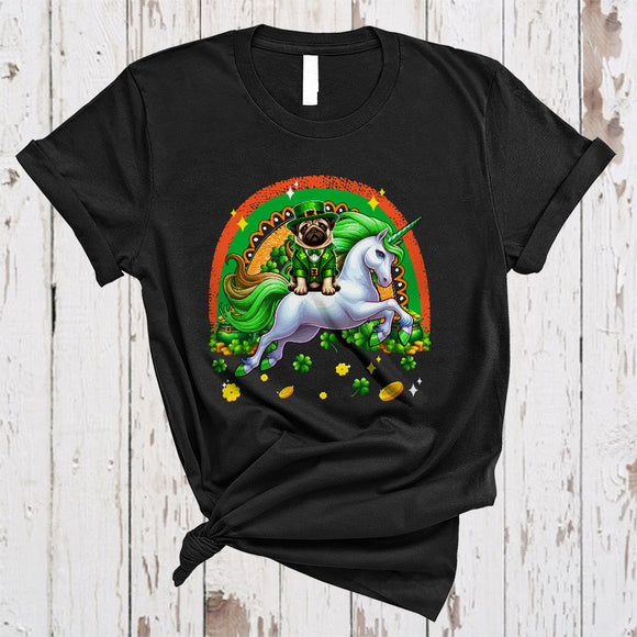 MacnyStore - Cute Pug Riding Unicorn Rainbow, Amazing St. Patrick's Day Rainbow, Lucky Irish Shamrock T-Shirt