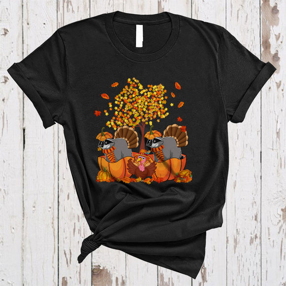 MacnyStore - Cute Raccoon In Pumpkin, Lovely Cool Thanksgiving Fall Tree Turkey, Matching Animal Lover T-Shirt