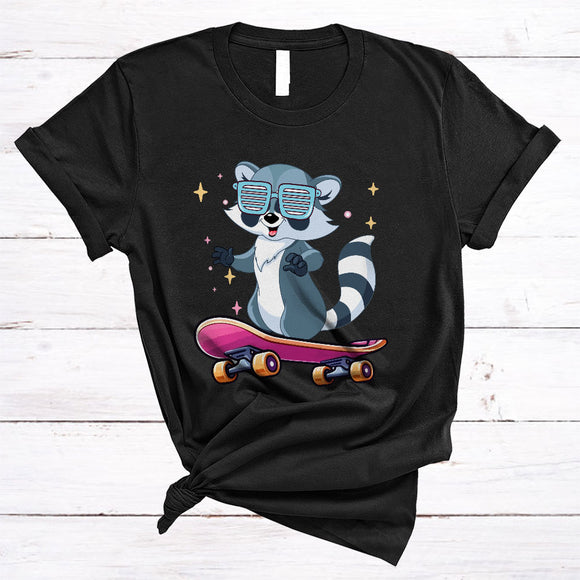 MacnyStore - Cute Raccoon Playing Skate Board, Humorous Skate Player, Matching Animal Lover T-Shirt