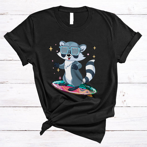 MacnyStore - Cute Raccoon Playing Surfing Board, Humorous Surfing Surfer, Matching Animal Lover T-Shirt
