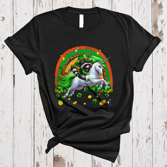 MacnyStore - Cute Raccoon Riding Unicorn Rainbow, Amazing St. Patrick's Day Rainbow, Lucky Irish Shamrock T-Shirt