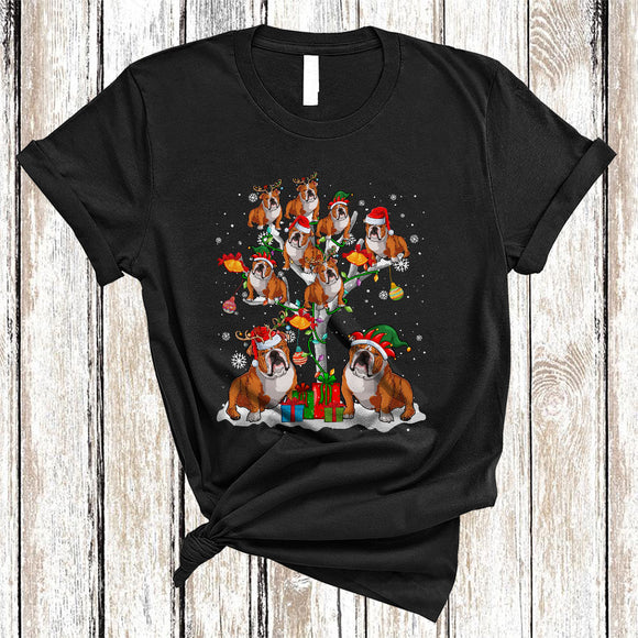 MacnyStore - Cute Reindeer Santa ELF Bulldog On Christmas Tree Snow Cool Xmas Lights Matching Dog Lover T-Shirt