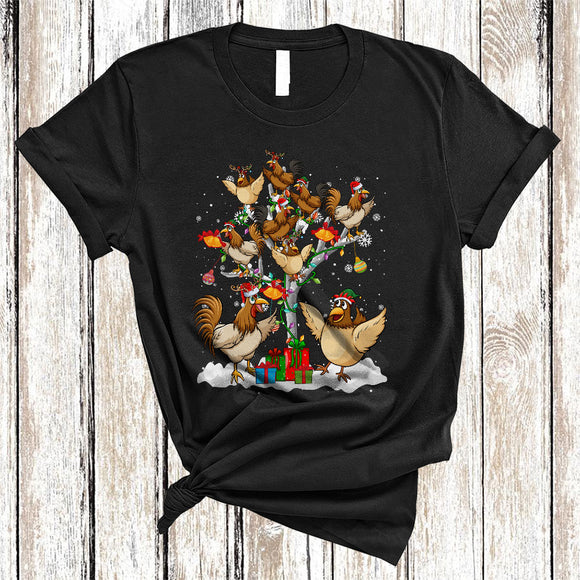 MacnyStore - Cute Reindeer Santa ELF Chicken On Christmas Tree Snow Cool Xmas Lights Matching Farmer T-Shirt