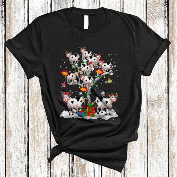 MacnyStore - Cute Reindeer Santa ELF Cow On Christmas Tree Snow Cool Xmas Lights Matching Farm Farmer T-Shirt