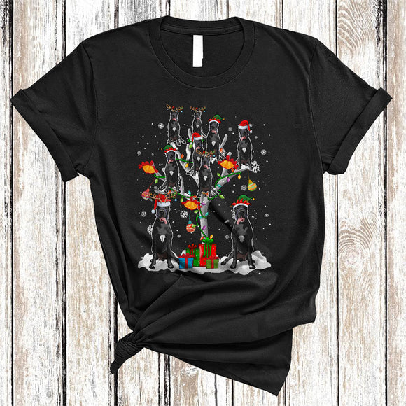 MacnyStore - Cute Reindeer Santa ELF Great Dane On Christmas Tree Snow Cool Xmas Lights Matching Dog Lover T-Shirt
