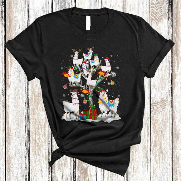 MacnyStore - Cute Reindeer Santa ELF Llama On Christmas Tree Snow Cool Xmas Lights Matching Farm Farmer T-Shirt
