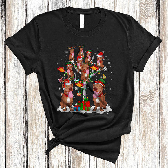 MacnyStore - Cute Reindeer Santa ELF Pit Bull On Christmas Tree Snow Cool Xmas Lights Matching Dog Lover T-Shirt