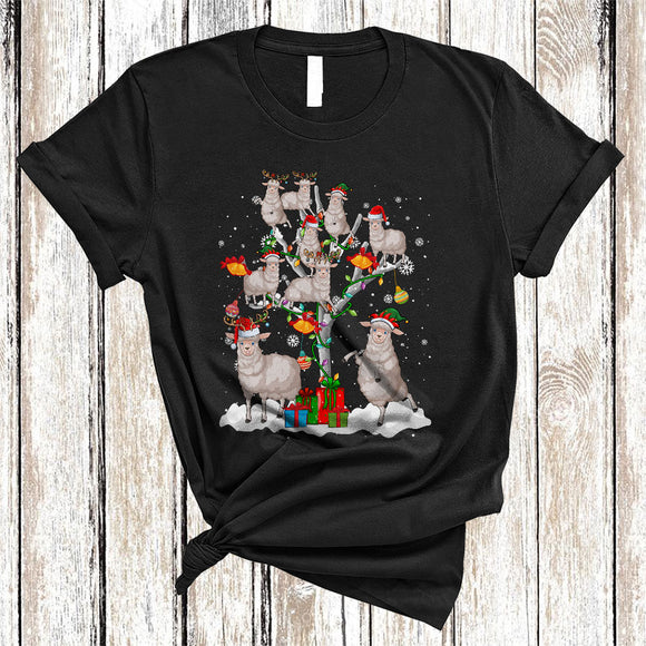 MacnyStore - Cute Reindeer Santa ELF Sheep On Christmas Tree Snow Cool Xmas Lights Matching Farm Farmer T-Shirt