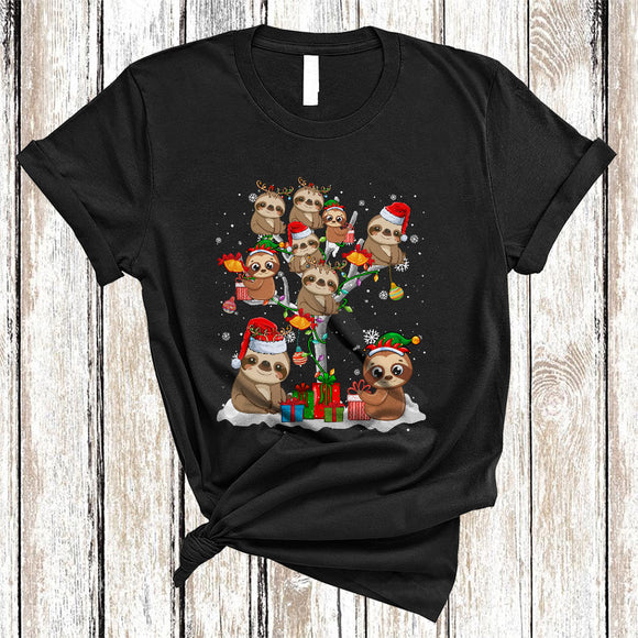 MacnyStore - Cute Reindeer Santa ELF Sloth On Christmas Tree Snow Cool Xmas Lights Matching Wild Animal T-Shirt