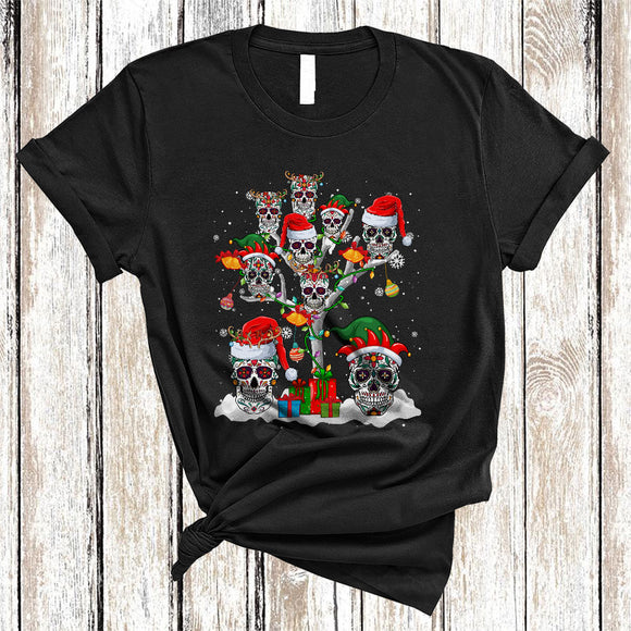 MacnyStore - Cute Reindeer Santa ELF Sugar Skull On Christmas Tree Snow Cool Xmas Lights Sugar Skull Lover T-Shirt