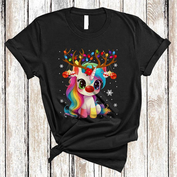 MacnyStore - Cute Reindeer Unicorn With Christmas Lights, Colorful Unicorn Snow Around, X-mas Group T-Shirt