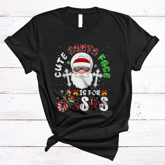 MacnyStore - Cute Santa Face Is For Jesus, Sarcastic Merry Christmas Santa Face, Plaid Snow Around T-Shirt