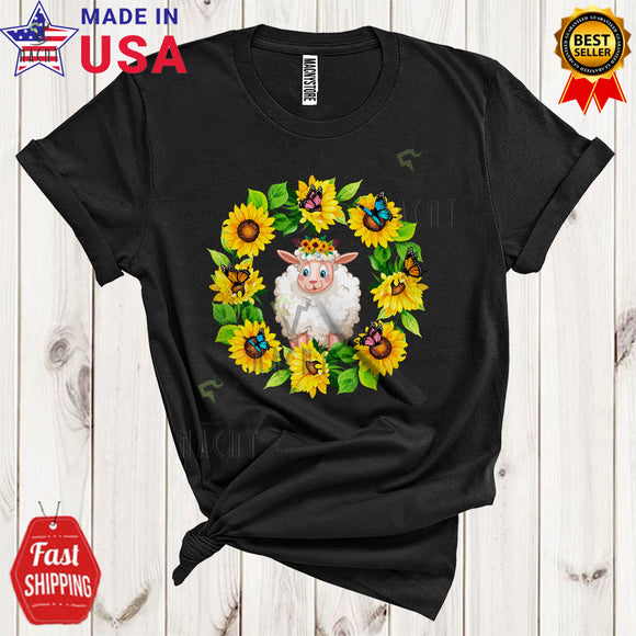 MacnyStore - Cute Sheep In Sunflowers Circle Cool Funny Animal Butterfly Gardener Farm Farmer T-Shirt