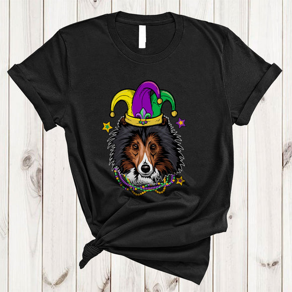 MacnyStore - Cute Shetland Sheepdog Face Jester Hat, Awesome Mardi Gras Beads, Matching Parades Group T-Shirt