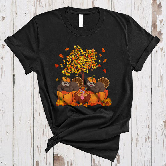 MacnyStore - Cute Sloth In Pumpkin, Lovely Cool Thanksgiving Fall Tree Turkey, Matching Animal Lover T-Shirt
