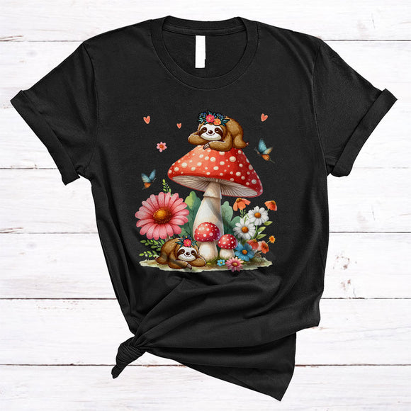 MacnyStore - Cute Sloth On Mushroom, Adorable Birthday Flowers Animal Lover, Women Girls Family T-Shirt
