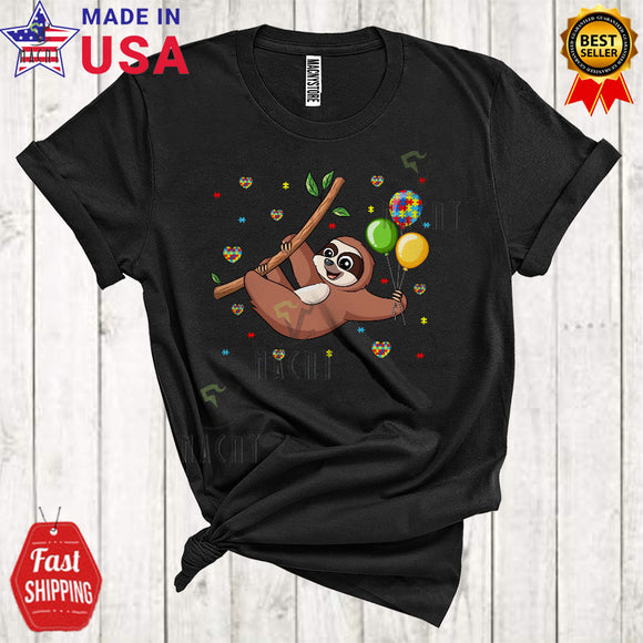 MacnyStore - Cute Sloth With Autism Puzzle Balloon Heart Funny Cool Autism Awareness Puzzle Sloth Lover T-Shirt