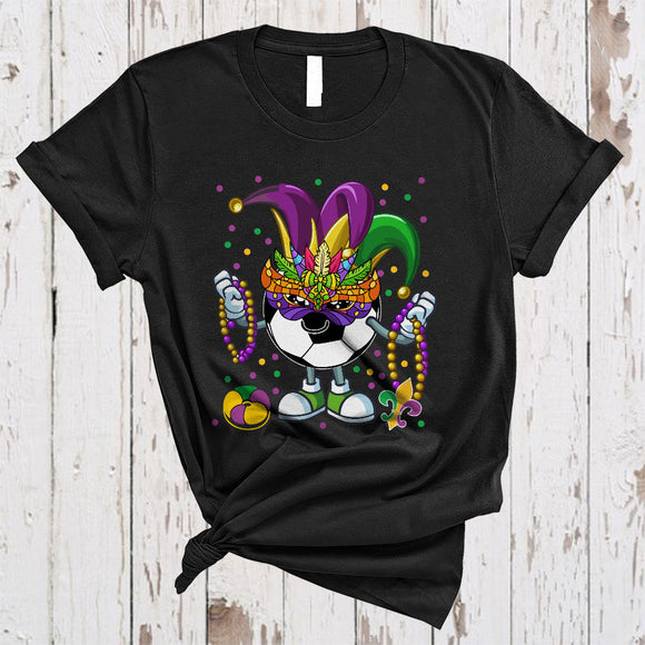 MacnyStore - Cute Soccer With Mardi Gras Mask Beads Jester Hat, Joyful Mardi Gras Sport Player, Parades T-Shirt