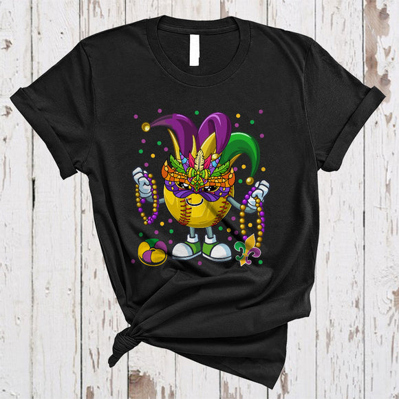 MacnyStore - Cute Softball With Mardi Gras Mask Beads Jester Hat, Joyful Mardi Gras Sport Player, Parades T-Shirt