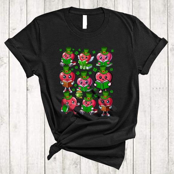 MacnyStore - Cute St. Patrick's Day Hearts Reading A Book, Lovely St. Patrick's Day Shamrock, Teacher Book T-Shirt