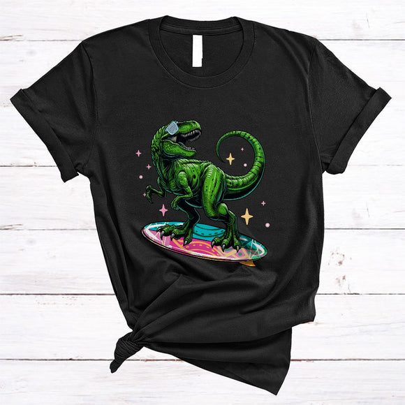 MacnyStore - Cute T-Rex Playing Surfing Board, Humorous Surfing Surfer, Matching Animal Lover T-Shirt