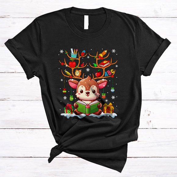 MacnyStore - Cute Teacher Reindeer With School Things, Adorable Christmas Reindeer, X-mas Snow Around T-Shirt
