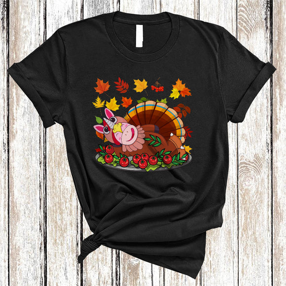 MacnyStore - Cute Turkey Unicorn With Fall Leaf, Adorable Thanksgiving Unicorn Autumn Leaf, Family Dinner T-Shirt