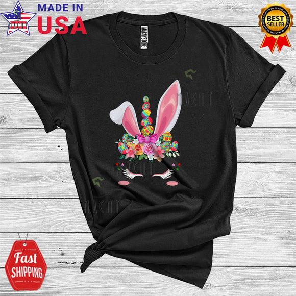 MacnyStore - Cute Unicorn Bunny Face Cool Happy Easter Day Floral Flowers Bunny Egg Hunt Family Group T-Shirt