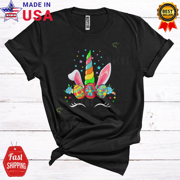 MacnyStore - Cute Unicorn Face Cool Happy Easter Day Unicorn Face With Easter Egg Hunt Flowers Lover T-Shirt