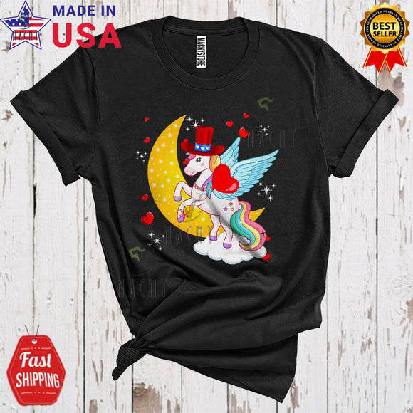 MacnyStore - Cute Unicorn On The Moon Cool Funny Valentine's Day Moon Hearts Unicorn Animal Lover T-Shirt