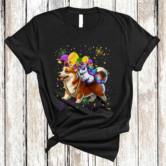 MacnyStore - Cute Unicorn Riding Corgi, Awesome Mardi Gras Corgi Wearing Mask Beads, Matching Animal Lover T-Shirt