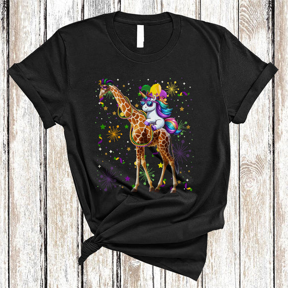 MacnyStore - Cute Unicorn Riding Giraffe, Awesome Mardi Gras Giraffe Wearing Mask Beads, Matching Animal Lover T-Shirt