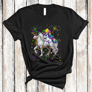 MacnyStore - Cute Unicorn Riding Horse, Awesome Mardi Gras Horse Wearing Mask Beads, Matching Animal Lover T-Shirt