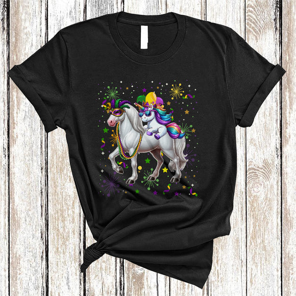 MacnyStore - Cute Unicorn Riding Horse, Awesome Mardi Gras Horse Wearing Mask Beads, Matching Animal Lover T-Shirt