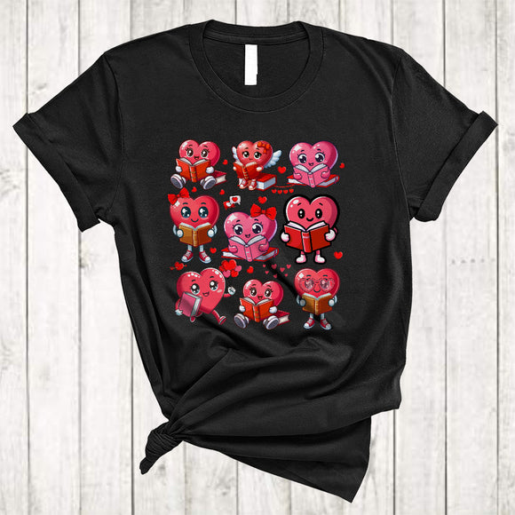 MacnyStore - Cute Valentine Hearts Reading A Book, Lovely Valentine's Day Teacher Book, Librarian Couple T-Shirt