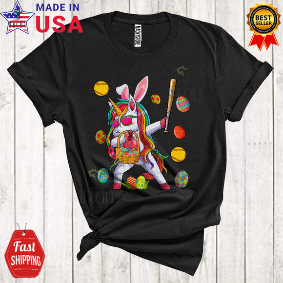 MacnyStore - Dabbing Bunny Unicorn Playing Softball Cute Funny Easter Egg Basket Sport Player Unicorn Lover T-Shirt