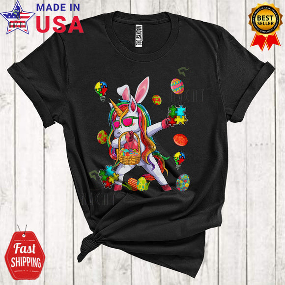 MacnyStore - Dabbing Bunny Unicorn With Easter Egg Basket Cute Funny Easter Egg Hunt Autism Awareness Puzzle T-Shirt
