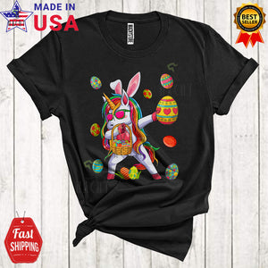 MacnyStore - Dabbing Bunny Unicorn With Easter Egg Basket Cute Funny Easter Egg Hunt Unicorn Lover T-Shirt