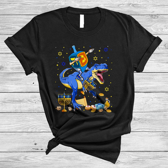 MacnyStore - Dabbing Dreidel Riding T-Rex, Humorous Hanukkah Chanukah Dinosaur, Menorah Jewish Proud T-Shirt