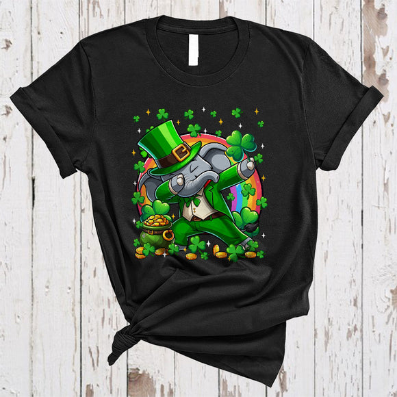 MacnyStore - Dabbing Elephant Leprechaun With Shamrocks, Lovely St. Patrick's Day Rainbow, Wild Animal Lover T-Shirt