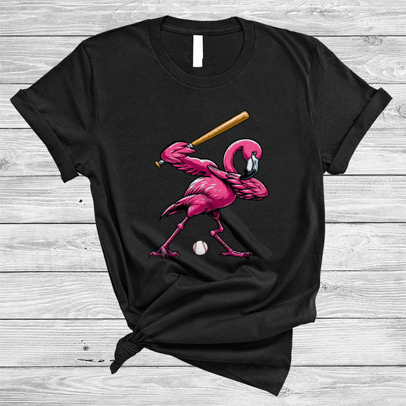 MacnyStore - Dabbing Flamingo Playing Baseball, Humorous Sport Player Team, Dabbing Flamingo Lover T-Shirt
