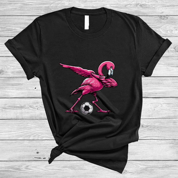 MacnyStore - Dabbing Flamingo Playing Soccer, Humorous Sport Player Team, Dabbing Flamingo Lover T-Shirt