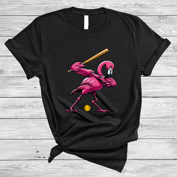 MacnyStore - Dabbing Flamingo Playing Softball, Humorous Sport Player Team, Dabbing Flamingo Lover T-Shirt