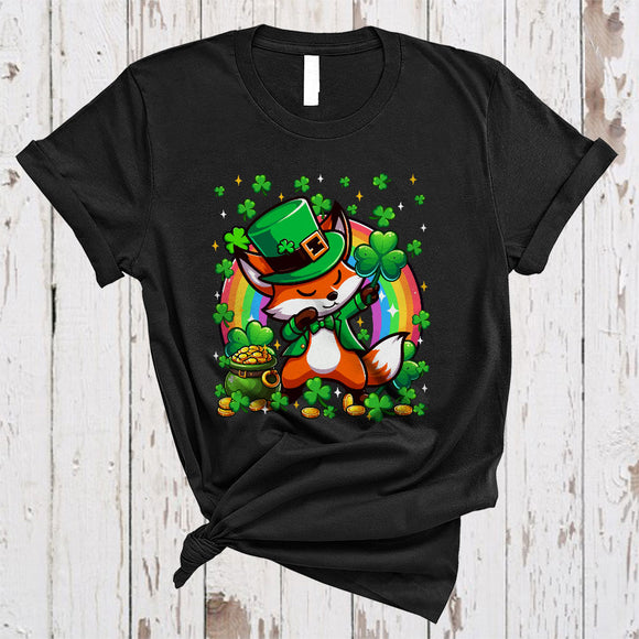 MacnyStore - Dabbing Fox Leprechaun With Shamrocks, Lovely St. Patrick's Day Rainbow, Wild Animal Lover T-Shirt