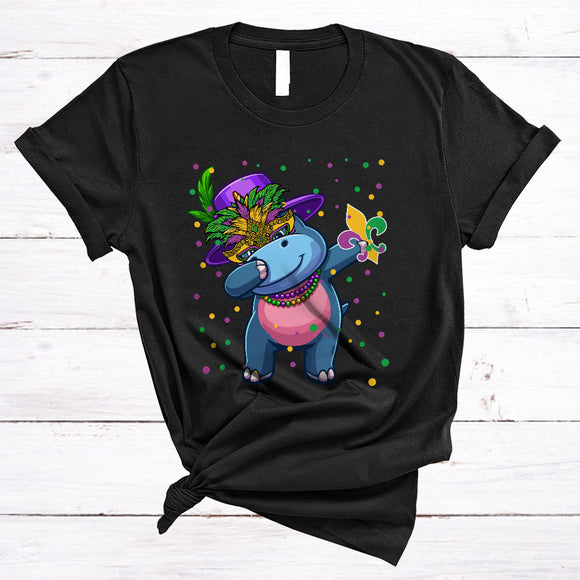 MacnyStore - Dabbing Hippo Wearing Mardi Gras Mask Beads, Lovely Mardi Gras Wild Animal, Parades Group T-Shirt