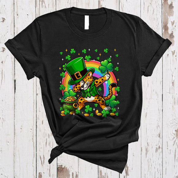MacnyStore - Dabbing Leopard Leprechaun With Shamrocks, Lovely St. Patrick's Day Rainbow, Wild Animal Lover T-Shirt