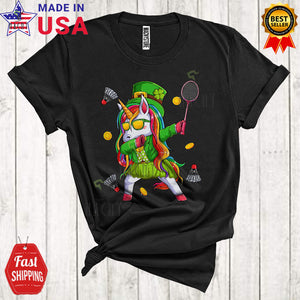 MacnyStore - Dabbing Leprechaun Unicorn Playing Badminton Cute Funny St. Patrick's Day Unicorn Sport Player Team T-Shirt