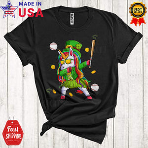 MacnyStore - Dabbing Leprechaun Unicorn Playing Baseball Cute Funny St. Patrick's Day Unicorn Sport Player Team T-Shirt