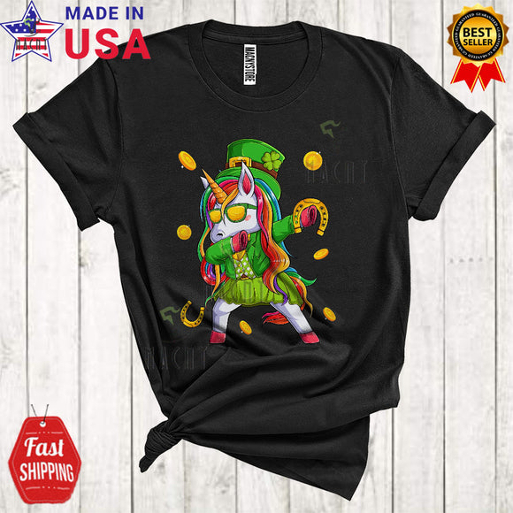 MacnyStore - Dabbing Leprechaun Unicorn With Horseshoe Cute Funny St. Patrick's Day Gold Coins Unicorn Lover T-Shirt
